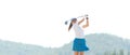 Golfer sport course golf ball fairway. People lifestyle woman playing game golf and swing golf ball go on green grass. Royalty Free Stock Photo